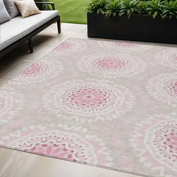 5' X 8' Pink Blush And Ivory Floral Medallion Washable Indoor Outdoor Area Rug