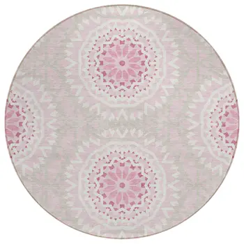 8' Pink Blush And Ivory Round Floral Medallion Washable Indoor Outdoor Area Rug