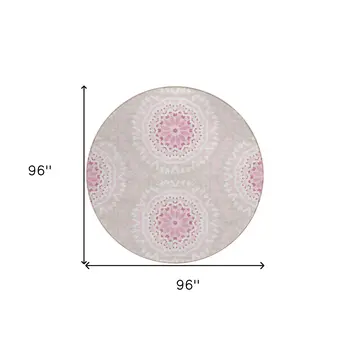 8' Pink Blush And Ivory Round Floral Medallion Washable Indoor Outdoor Area Rug