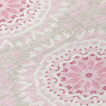 8' Pink Blush And Ivory Round Floral Medallion Washable Indoor Outdoor Area Rug