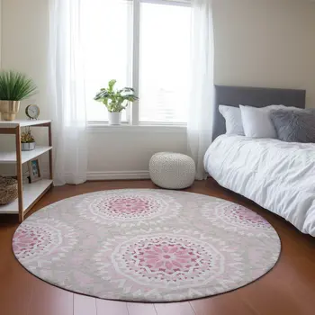 8' Pink Blush And Ivory Round Floral Medallion Washable Indoor Outdoor Area Rug