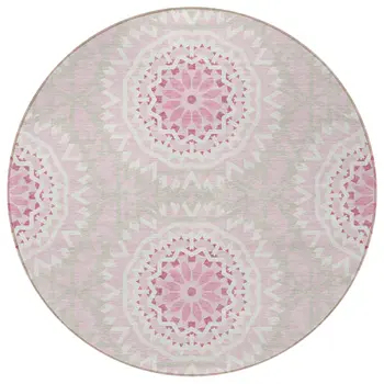 8' Pink Blush And Ivory Round Floral Medallion Washable Indoor Outdoor Area Rug