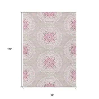 8' X 10' Pink Blush And Ivory Floral Medallion Washable Indoor Outdoor Area Rug