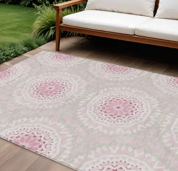 9' X 12' Pink Blush And Ivory Floral Medallion Washable Indoor Outdoor Area Rug