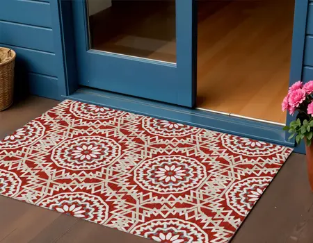 3' X 5' Red Beige And Ivory Floral Medallion Washable Indoor Outdoor Area Rug