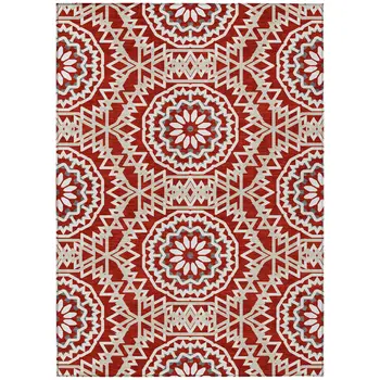 3' X 5' Red Beige And Ivory Floral Medallion Washable Indoor Outdoor Area Rug