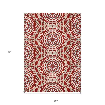 3' X 5' Red Beige And Ivory Floral Medallion Washable Indoor Outdoor Area Rug