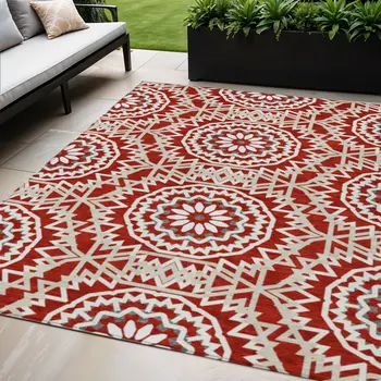 5' X 8' Red Beige And Ivory Floral Medallion Washable Indoor Outdoor Area Rug