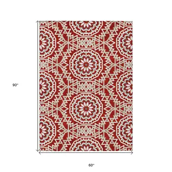 5' X 8' Red Beige And Ivory Floral Medallion Washable Indoor Outdoor Area Rug