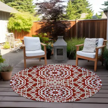 8' Red Beige And Ivory Round Floral Medallion Washable Indoor Outdoor Area Rug