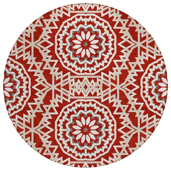 8' Red Beige And Ivory Round Floral Medallion Washable Indoor Outdoor Area Rug