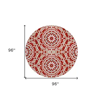 8' Red Beige And Ivory Round Floral Medallion Washable Indoor Outdoor Area Rug