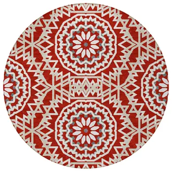 8' Red Beige And Ivory Round Floral Medallion Washable Indoor Outdoor Area Rug