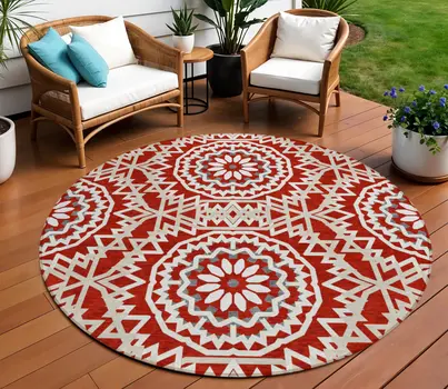8' Red Beige And Ivory Round Floral Medallion Washable Indoor Outdoor Area Rug