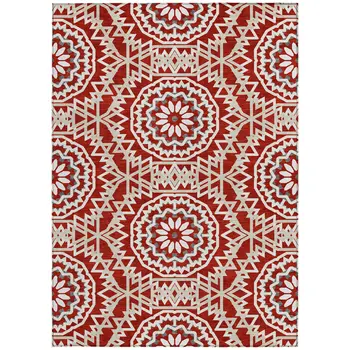 8' X 10' Red Beige And Ivory Floral Medallion Washable Indoor Outdoor Area Rug