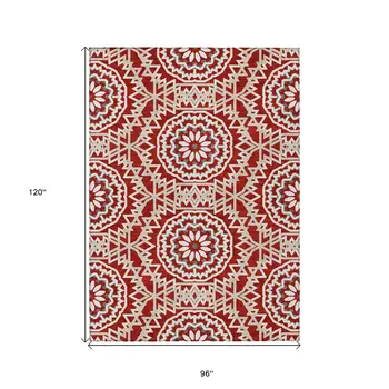 8' X 10' Red Beige And Ivory Floral Medallion Washable Indoor Outdoor Area Rug