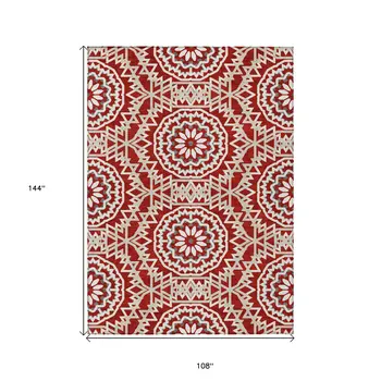 9' X 12' Red Beige And Ivory Floral Medallion Washable Indoor Outdoor Area Rug
