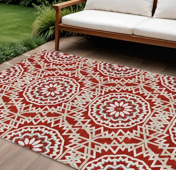 10' X 14' Red Beige And Ivory Floral Medallion Washable Indoor Outdoor Area Rug