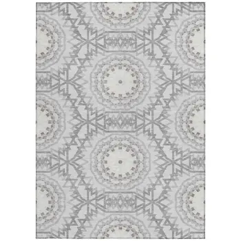 3' X 5' Silver Ivory And Gray Floral Medallion Washable Indoor Outdoor Area Rug