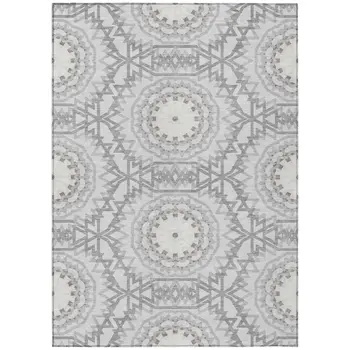 9' X 12' Silver Ivory And Gray Floral Medallion Washable Indoor Outdoor Area Rug