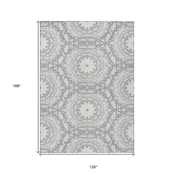 10' X 14' Silver Ivory And Gray Floral Medallion Washable Indoor Outdoor Area Rug