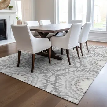10' X 14' Silver Ivory And Gray Floral Medallion Washable Indoor Outdoor Area Rug