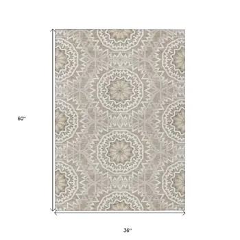 3' X 5' Taupe Khaki And Ivory Floral Medallion Washable Indoor Outdoor Area Rug