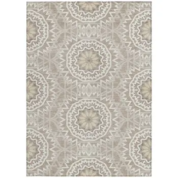5' X 8' Taupe Khaki And Ivory Floral Medallion Washable Indoor Outdoor Area Rug