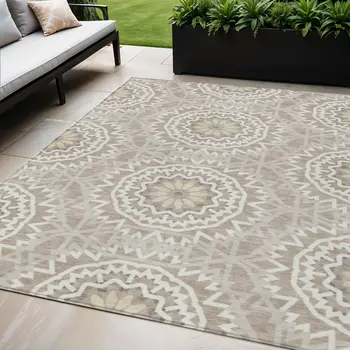 5' X 8' Taupe Khaki And Ivory Floral Medallion Washable Indoor Outdoor Area Rug