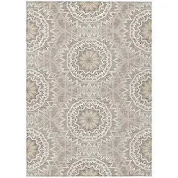 5' X 8' Taupe Khaki And Ivory Floral Medallion Washable Indoor Outdoor Area Rug