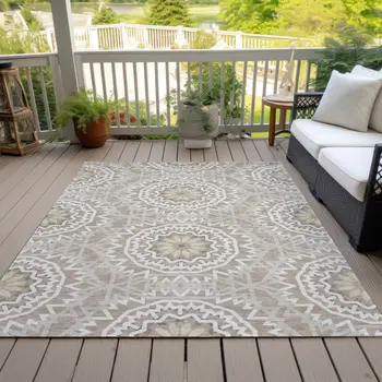 5' X 8' Taupe Khaki And Ivory Floral Medallion Washable Indoor Outdoor Area Rug