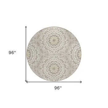 8' Taupe Khaki And Ivory Round Floral Medallion Washable Indoor Outdoor Area Rug