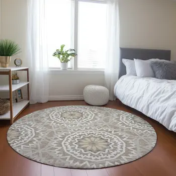 8' Taupe Khaki And Ivory Round Floral Medallion Washable Indoor Outdoor Area Rug