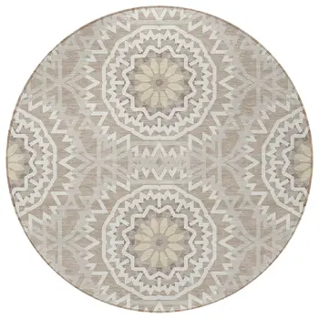 8' Taupe Khaki And Ivory Round Floral Medallion Washable Indoor Outdoor Area Rug