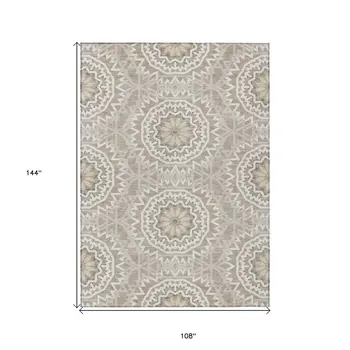 9' X 12' Taupe Khaki And Ivory Floral Medallion Washable Indoor Outdoor Area Rug