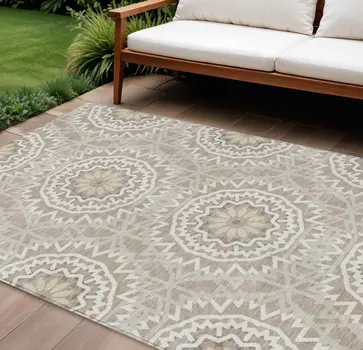 10' X 14' Taupe Khaki And Ivory Floral Medallion Washable Indoor Outdoor Area Rug