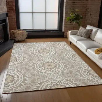 10' X 14' Taupe Khaki And Ivory Floral Medallion Washable Indoor Outdoor Area Rug