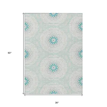 3' X 5' Teal Blue Beige And Ivory Floral Medallion Washable Indoor Outdoor Area Rug