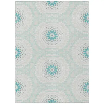 5' X 8' Teal Blue Beige And Ivory Floral Medallion Washable Indoor Outdoor Area Rug