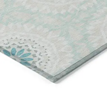 5' X 8' Teal Blue Beige And Ivory Floral Medallion Washable Indoor Outdoor Area Rug