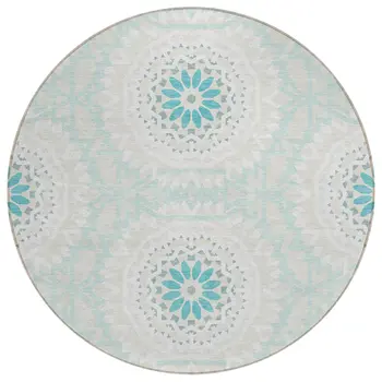 8' Teal Blue Beige And Ivory Round Floral Medallion Washable Indoor Outdoor Area Rug