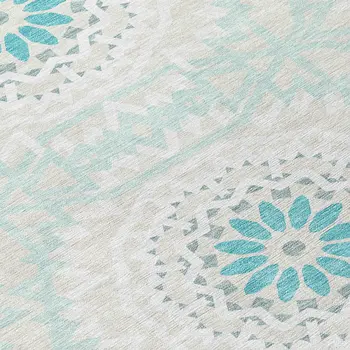 8' Teal Blue Beige And Ivory Round Floral Medallion Washable Indoor Outdoor Area Rug
