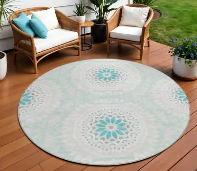 8' Teal Blue Beige And Ivory Round Floral Medallion Washable Indoor Outdoor Area Rug
