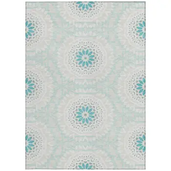 8' X 10' Teal Blue Beige And Ivory Floral Medallion Washable Indoor Outdoor Area Rug