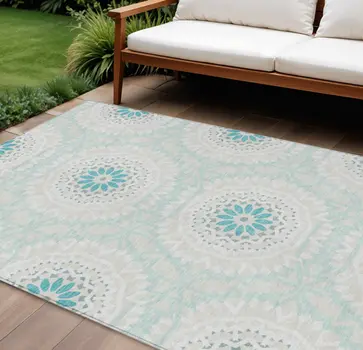 8' X 10' Teal Blue Beige And Ivory Floral Medallion Washable Indoor Outdoor Area Rug