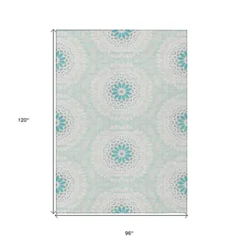 8' X 10' Teal Blue Beige And Ivory Floral Medallion Washable Indoor Outdoor Area Rug
