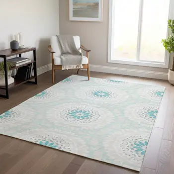 8' X 10' Teal Blue Beige And Ivory Floral Medallion Washable Indoor Outdoor Area Rug
