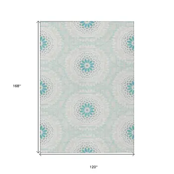 10' X 14' Teal Blue Beige And Ivory Floral Medallion Washable Indoor Outdoor Area Rug