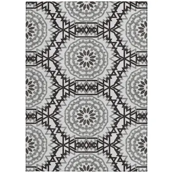 5' X 8' White Black And Gray Floral Medallion Washable Indoor Outdoor Area Rug