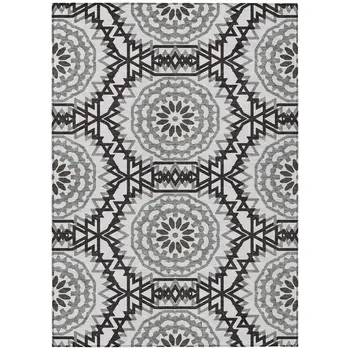 5' X 8' White Black And Gray Floral Medallion Washable Indoor Outdoor Area Rug